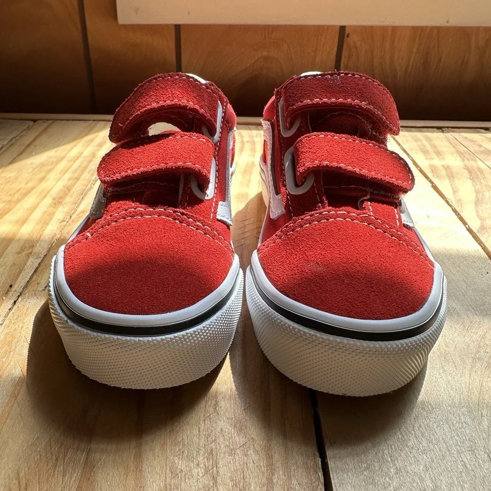 VANS Old Skool Red White Suede Canvas Sneakers Unisex Kids US 10.5 Hook & Loop